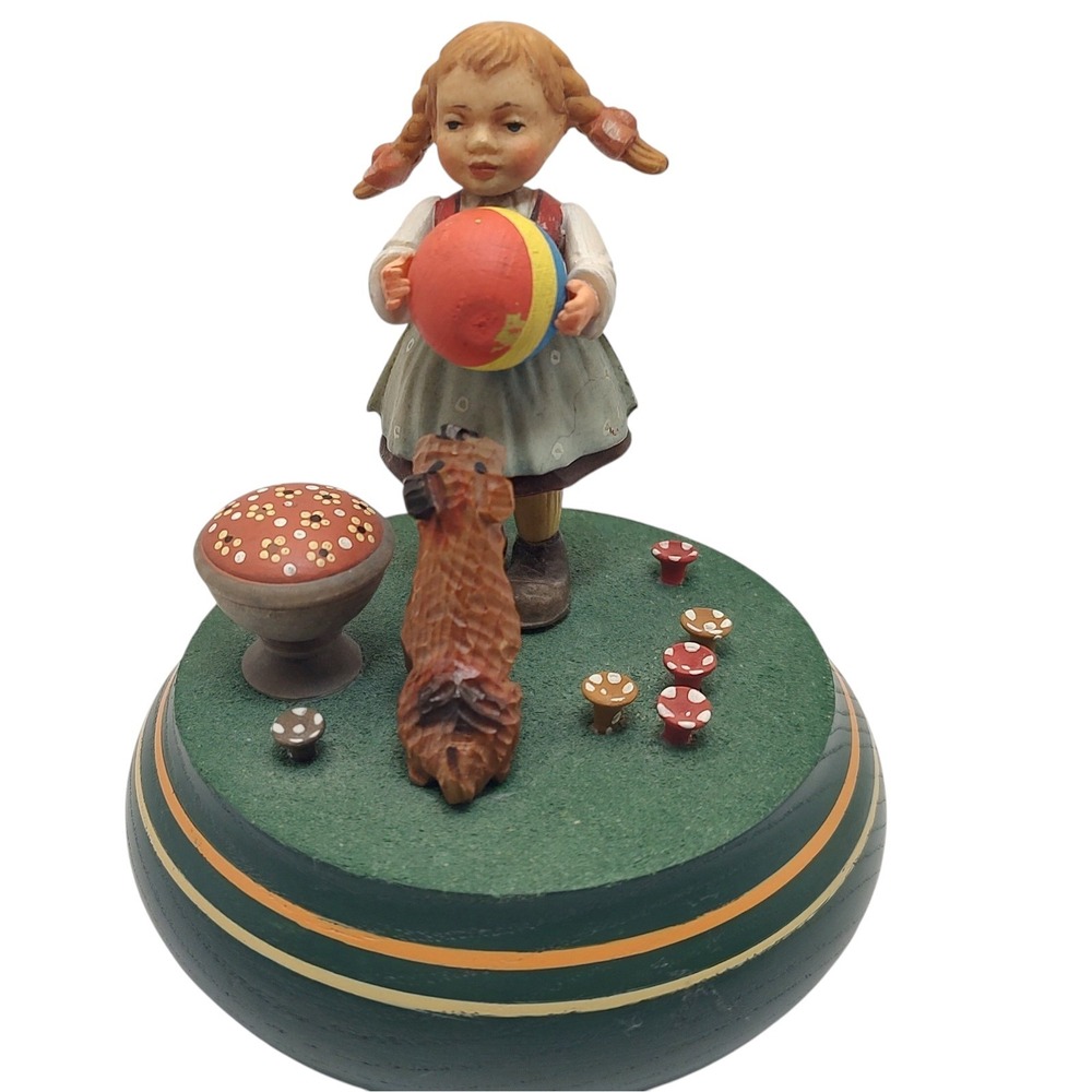 Vintage Thornes Music‎ Box Hand Carved Girl With Ball And Dog Music Works SEE